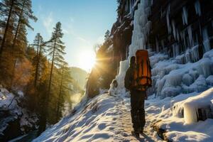 grimpeur gracieusement navigue lumière du soleil pommelé congelé cascade dans hivernal région sauvage photo