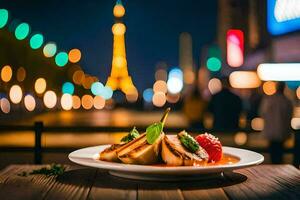 une assiette de nourriture avec une vue de le Eiffel la tour. généré par ai photo