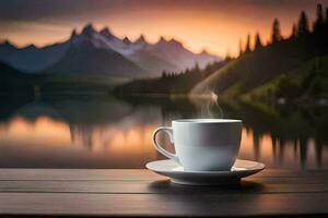 une tasse de café sur une en bois table dans de face de une Lac à le coucher du soleil. généré par ai photo