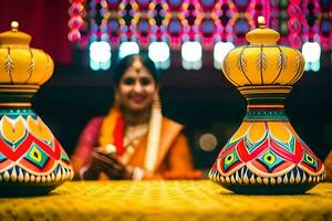 une femme dans traditionnel Indien tenue est assis suivant à deux coloré vases. généré par ai photo