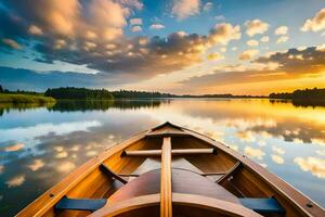 le bateau est sur le calme l'eau à le coucher du soleil. généré par ai photo