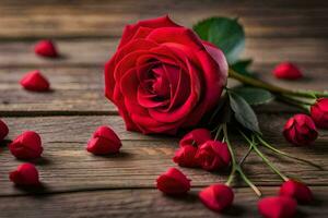 une Célibataire rouge Rose sur une en bois table avec rouge cœurs. généré par ai photo