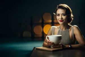 une femme en portant une tasse de café. généré par ai photo