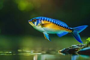 une poisson avec bleu et Jaune rayures est nager dans le l'eau. généré par ai photo