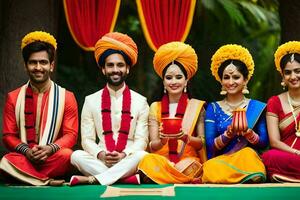 Indien mariage la cérémonie avec la mariée et jeune marié dans traditionnel tenue. généré par ai photo