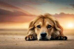 une chien pose sur le sol à le coucher du soleil. généré par ai photo