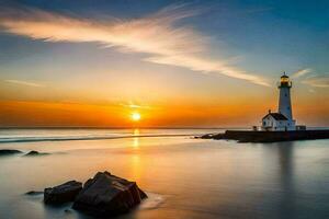 une phare est assis sur le rive de une corps de l'eau à le coucher du soleil. généré par ai photo