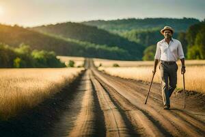 une homme en marchant sur une saleté route avec une canne. généré par ai photo