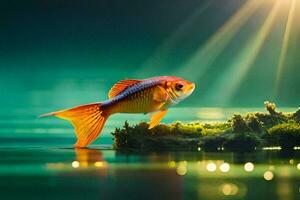 poisson rouge dans le l'eau avec lumière du soleil brillant. généré par ai photo