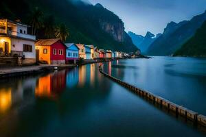 coloré Maisons ligne le l'eau dans de face de montagnes. généré par ai photo