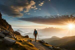 une homme des promenades en haut une Montagne à lever du soleil. généré par ai photo