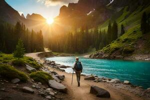 une homme avec une sac à dos des promenades le long de une Piste près une lac. généré par ai photo