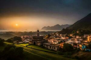 le Soleil ensembles plus de une village dans le montagnes. généré par ai photo