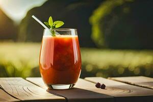 une verre de jus sur une table dans le Soleil. généré par ai photo