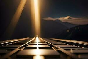 une train Piste avec une brillant lumière brillant sur il. généré par ai photo