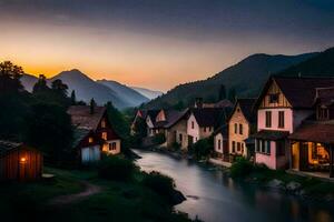 photo fond d'écran le ciel, montagnes, rivière, Maisons, coucher de soleil, le village, le rivière,. généré par ai