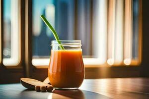 une verre de Orange jus avec une paille sur une tableau. généré par ai photo