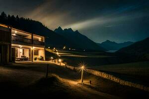 une maison dans le montagnes à nuit. généré par ai photo