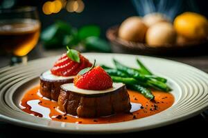 une assiette avec deux tranches de Viande et des fraises. généré par ai photo