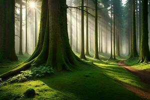 une chemin par une forêt avec des arbres et herbe. généré par ai photo