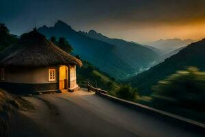 une petit cabane dans le montagnes à le coucher du soleil. généré par ai photo