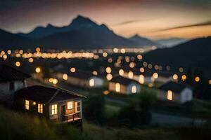 une petit maison dans le milieu de une champ à nuit. généré par ai photo