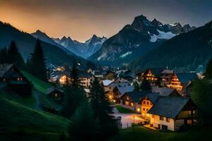 une ville dans le montagnes à crépuscule. généré par ai photo