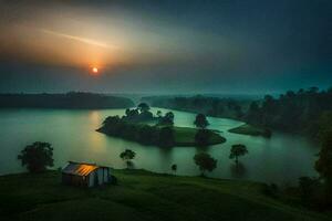 le Soleil ensembles plus de une Lac et une petit maison. généré par ai photo