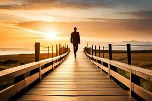 une homme en marchant sur une en bois pont à le coucher du soleil. généré par ai photo