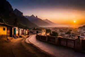 le Soleil ensembles plus de une village dans le montagnes. généré par ai photo