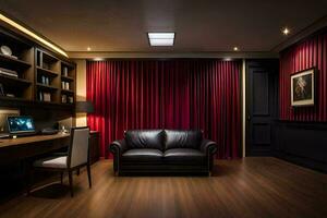 une Accueil Bureau avec rouge rideaux et noir cuir meubles. généré par ai photo