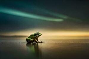 une grenouille séance sur le plage avec une vert lumière derrière il. généré par ai photo