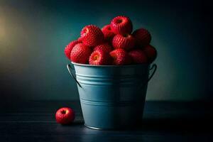 une seau de framboises sur une foncé tableau. généré par ai photo