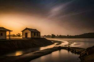 le Soleil monte plus de une petit maison sur le banque de une rivière. généré par ai photo