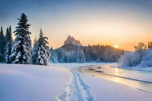 photo fond d'écran le ciel, des arbres, neige, le soleil, le montagnes, le rivière, le. généré par ai