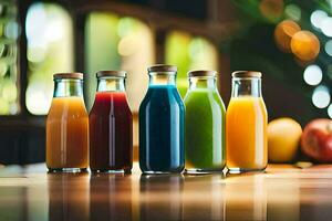 cinq différent les types de jus dans verre bouteilles. généré par ai photo