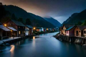 photo fond d'écran le ciel, montagnes, rivière, Maisons, le sombre, le montagnes, le rivière. généré par ai