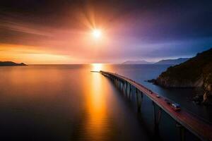 une pont plus de le océan à le coucher du soleil. généré par ai photo