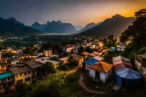 une village dans le montagnes à le coucher du soleil. généré par ai photo