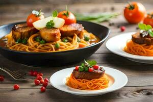 deux assiettes avec spaghetti et Viande sur eux. généré par ai photo