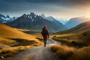 une homme avec sac à dos en marchant sur une saleté route dans le montagnes. généré par ai photo