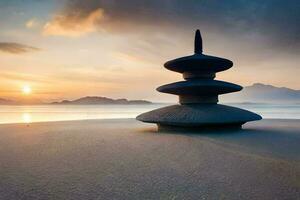 une pagode sur le plage à le coucher du soleil. généré par ai photo