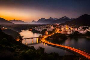 photo fond d'écran le ciel, montagnes, rivière, pont, ville, coucher de soleil, le ville, tu. généré par ai