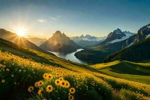 le Soleil monte plus de le montagnes et fleurs dans le premier plan. généré par ai photo