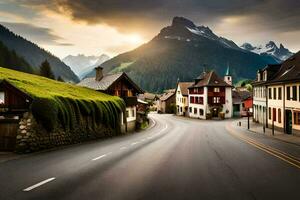 une route dans le montagnes avec Maisons et montagnes dans le Contexte. généré par ai photo