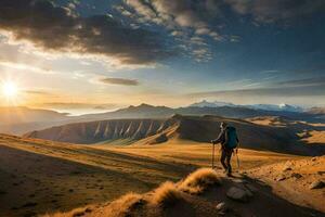 une homme sur une Montagne à le coucher du soleil. généré par ai photo