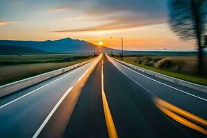 une longue exposition photographier de une Autoroute à le coucher du soleil. généré par ai photo