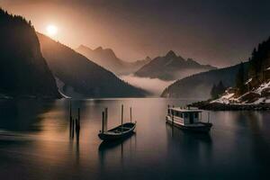 photo fond d'écran le ciel, montagnes, eau, bateaux, montagnes, lac, coucher de soleil, le Soleil. généré par ai