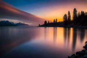 une magnifique le coucher du soleil plus de une Lac avec des arbres et rochers. généré par ai photo