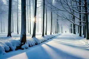 une neigeux chemin dans le les bois avec des arbres. généré par ai photo